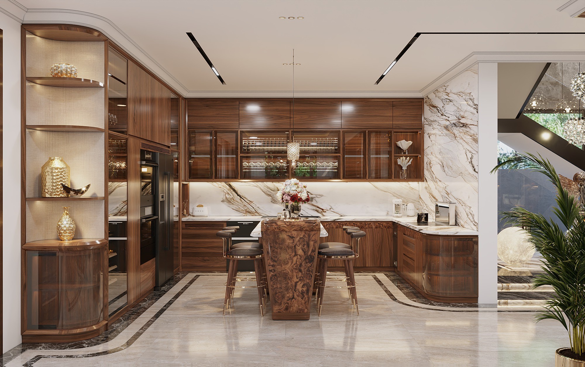 Mẫu tủ bếp chữ U kết hợp bàn đảo gỗ óc chó và mặt đá marble vân tự nhiên