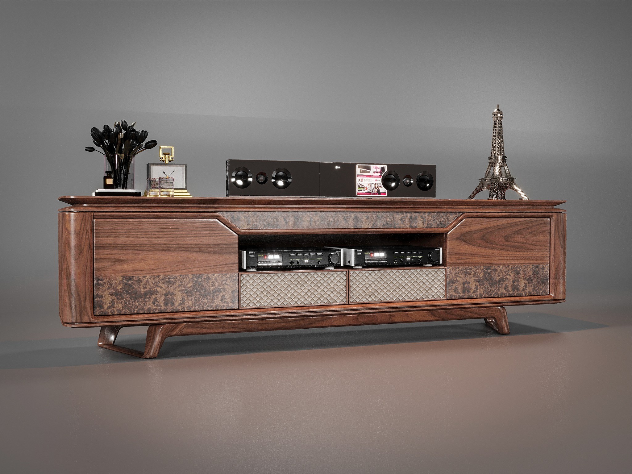 Mẫu tủ kệ tivi gỗ tự nhiên với bố cục đối xứng hiện đại