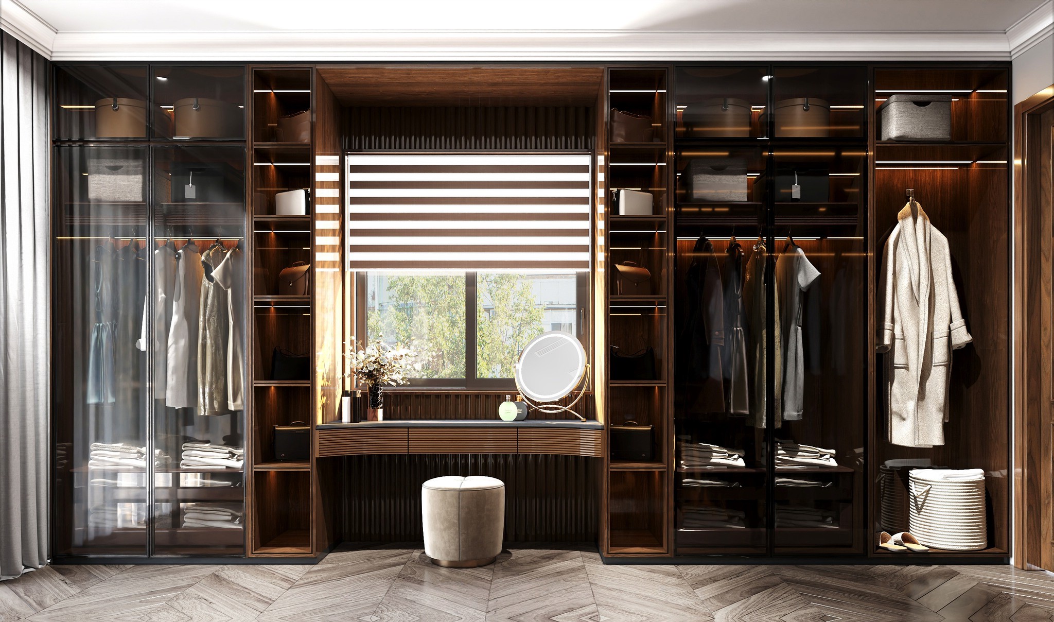 Mẫu tủ quần áo đẹp bằng gỗ công nghiệp phủ laminate nâu đậm dáng chữ I hiện đại