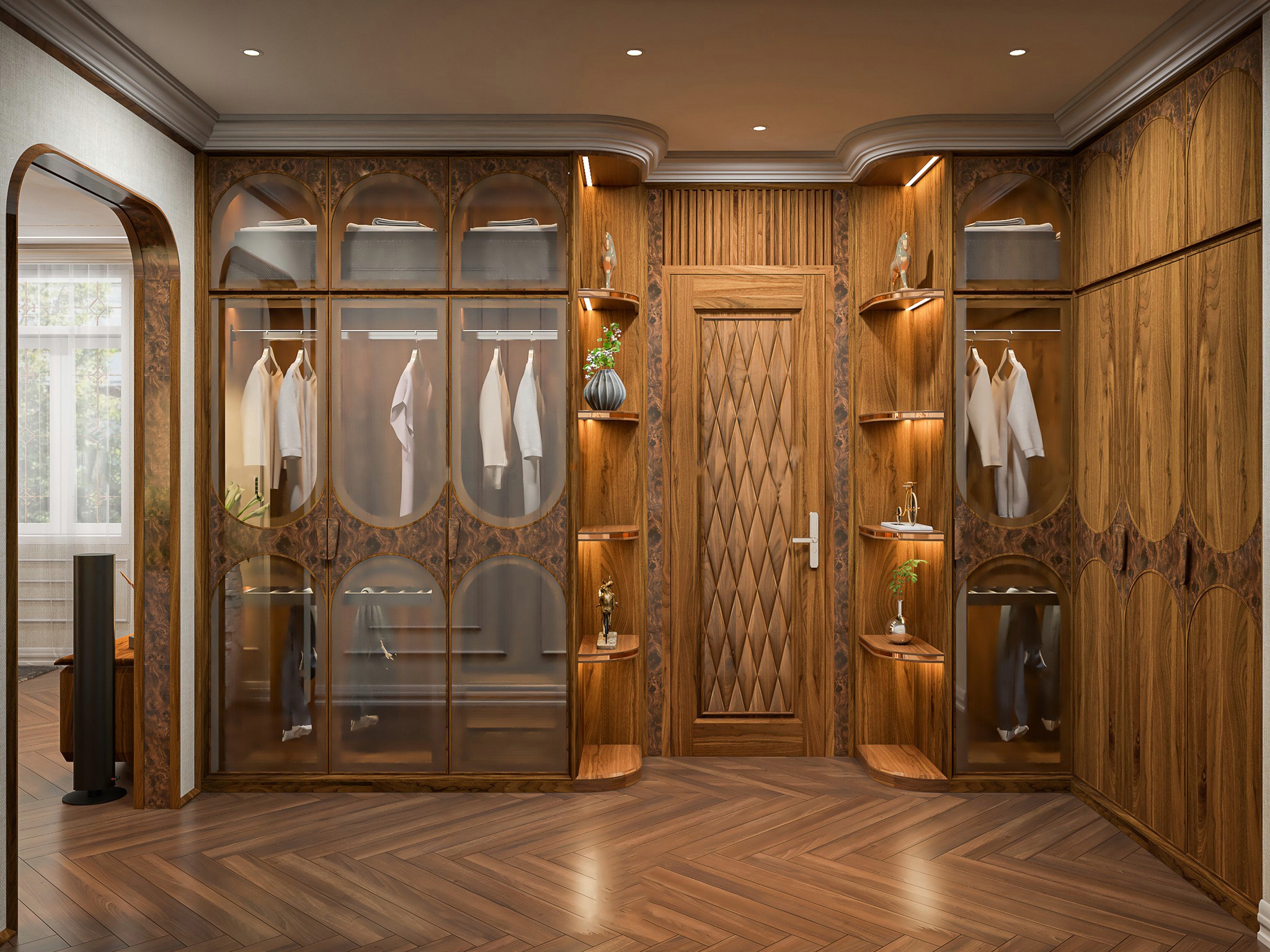 mẫu tủ quần áo gỗ đẹp hiện đại chữ L gỗ óc chó cánh kính và veneer vân nu