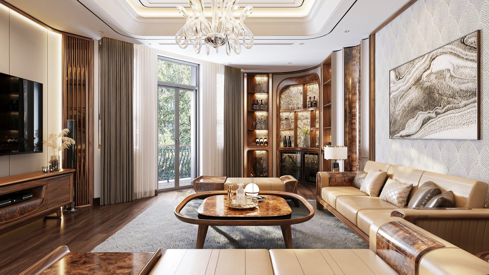 Mẫu tủ rượu góc phòng khách gỗ tự nhiên thiết kế bán nguyệt sang trọng