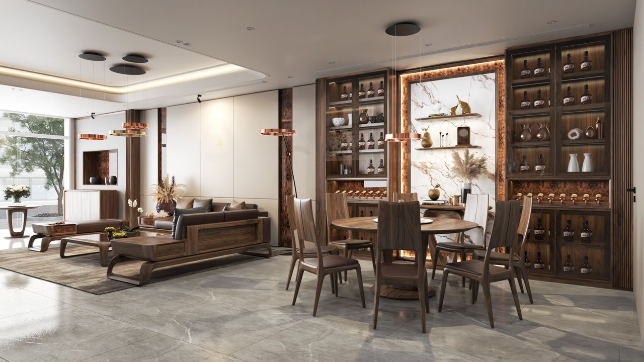 mẫu tủ rượu gỗ óc chó âm tường cao kịch trần đặt đối xứng hai bên ốp đá marble trắng vân nâu