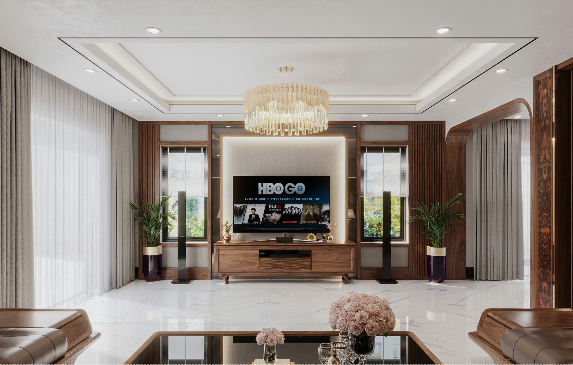 Mẫu vách kệ tivi phòng khách khung gỗ vuông ốp kính trong suốt, kệ chữ I gỗ óc chó