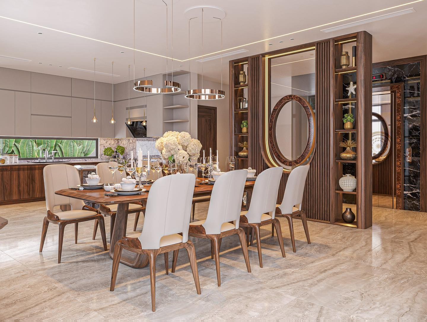 Mẫu vách ngăn đẹp với ốp kính hình vòm và kệ trang trí 6 tầng