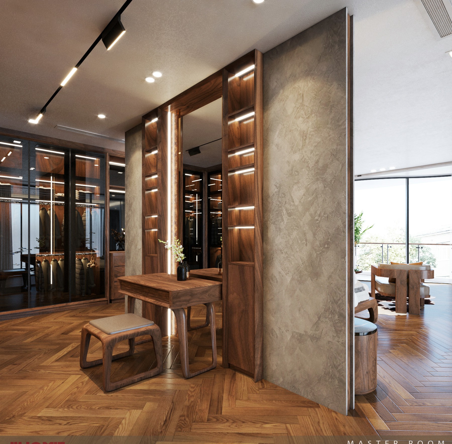 Mẫu vách ngăn phòng khách hiện đại kết hợp bàn trà gỗ mặt đá đen