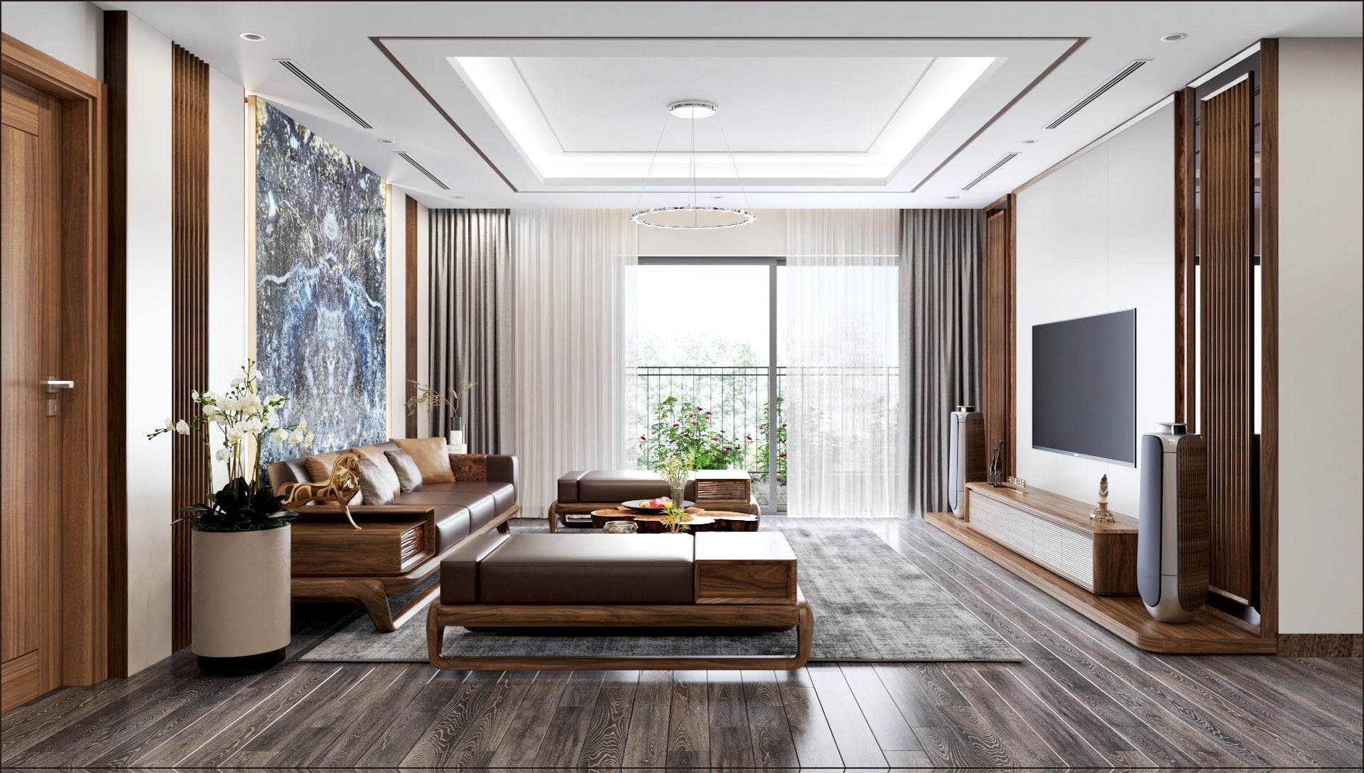 không gian tiếp khách chung cư với sofa gỗ óc chó, kệ tivi bo tròn và vách Onyx xanh đậm
