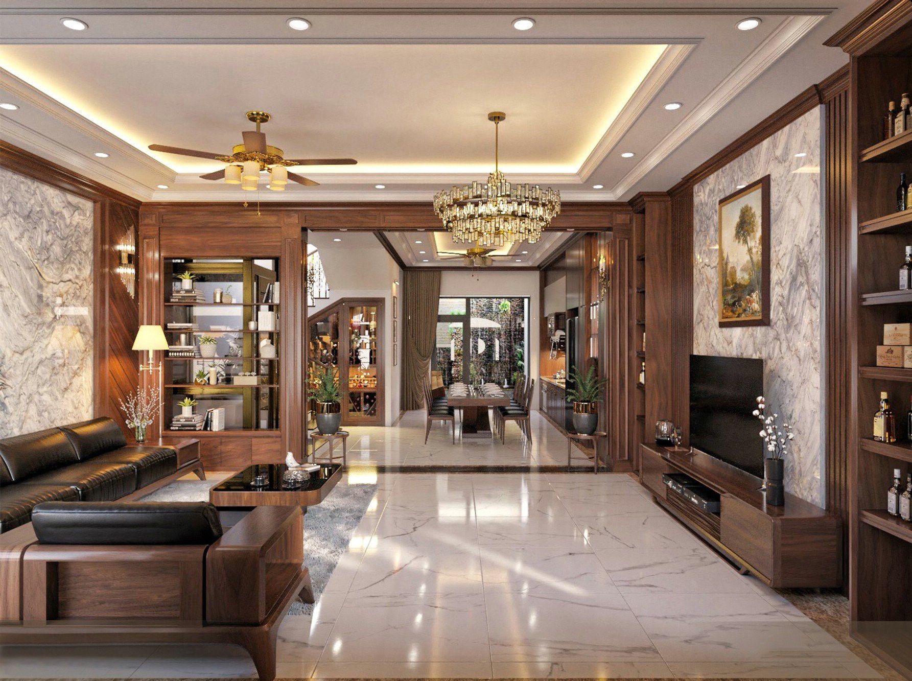 phòng khách nhà phố hiện đại với sofa gỗ óc chó, vách marble xám vân mây và hệ tủ trưng bày đối xứng