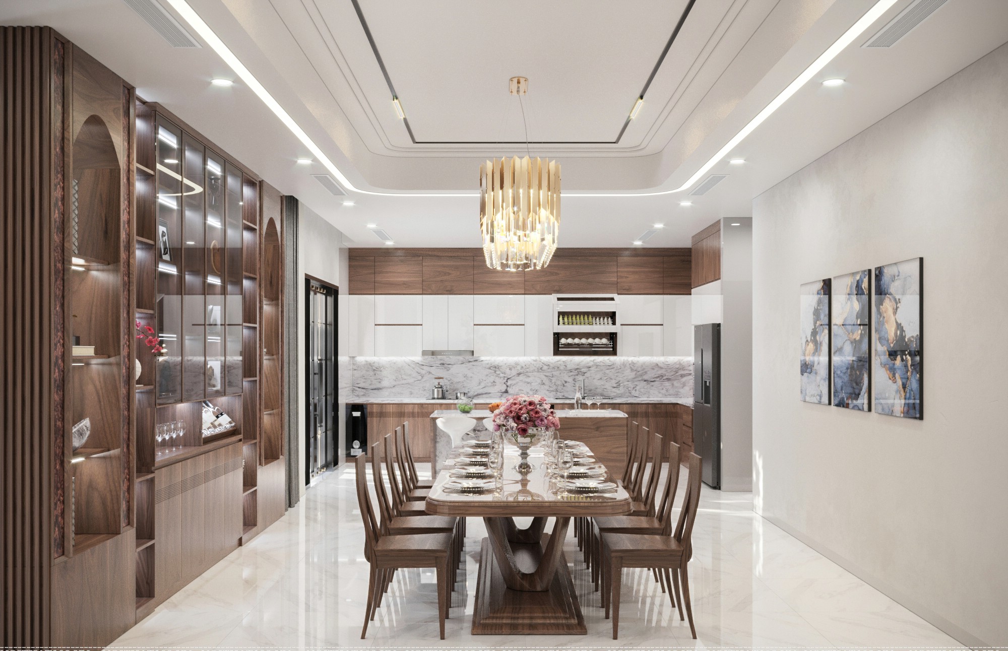 không gian bếp ăn nhà phố với bộ bàn 10 ghế gỗ óc chó, tủ bếp chữ L và tủ trưng bày kịch trần