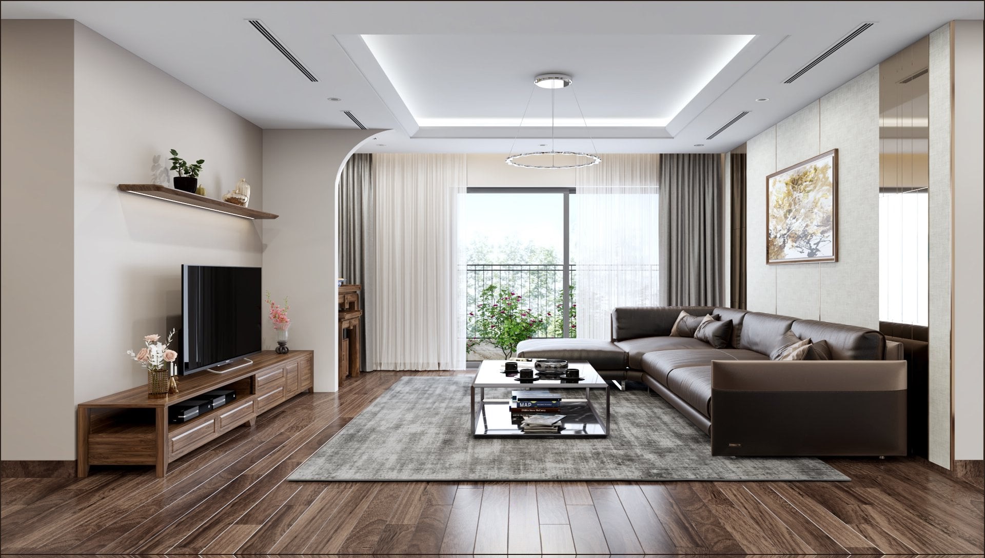 Nội thất phòng khách chung cư đẹp với sofa da chữ L và kệ tivi gỗ MDF phủ vân gỗ hiện đại Nội thất phòng khách chung cư đẹp với sofa da chữ L và kệ tivi gỗ MDF phủ vân gỗ hiện đại