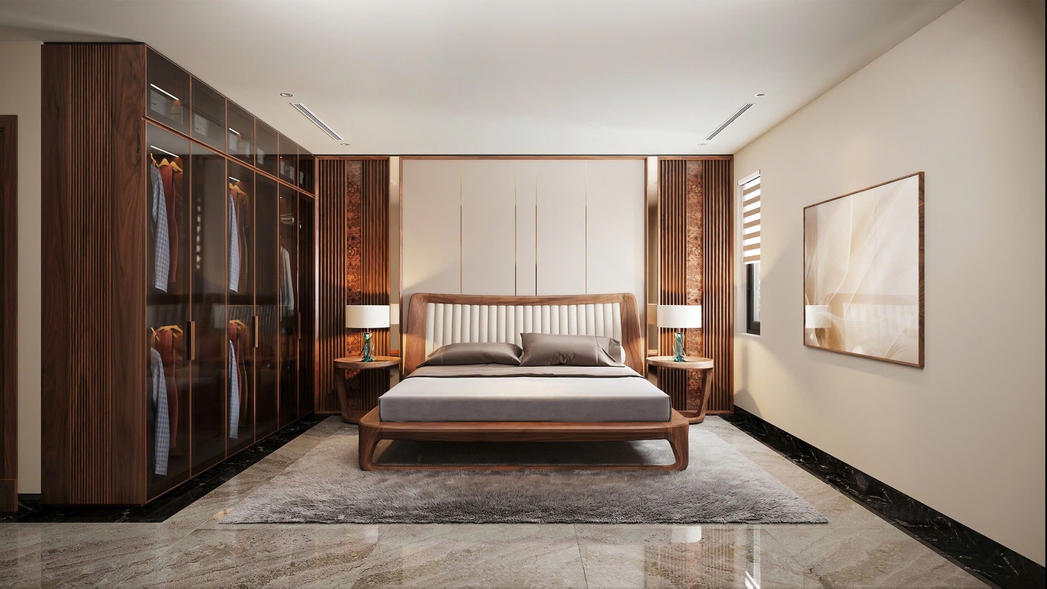 Nội thất phòng ngủ hiện đại với giường gỗ chữ nhật và tủ quần áo kính sang trọng