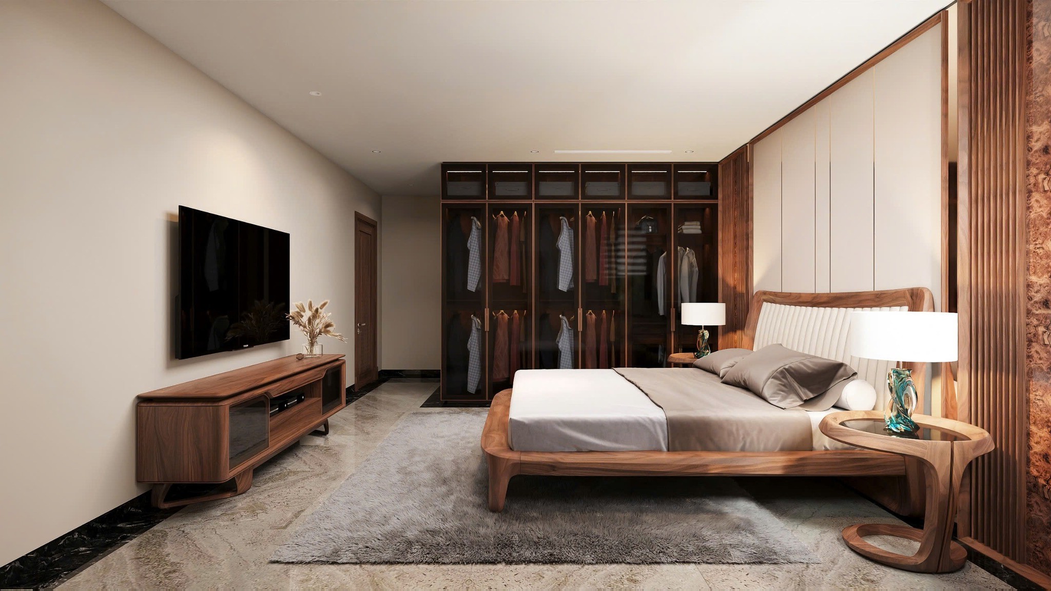Nội thất phòng ngủ sang trọng với giường gỗ bọc da, kệ tivi kính và tủ quần áo chữ I