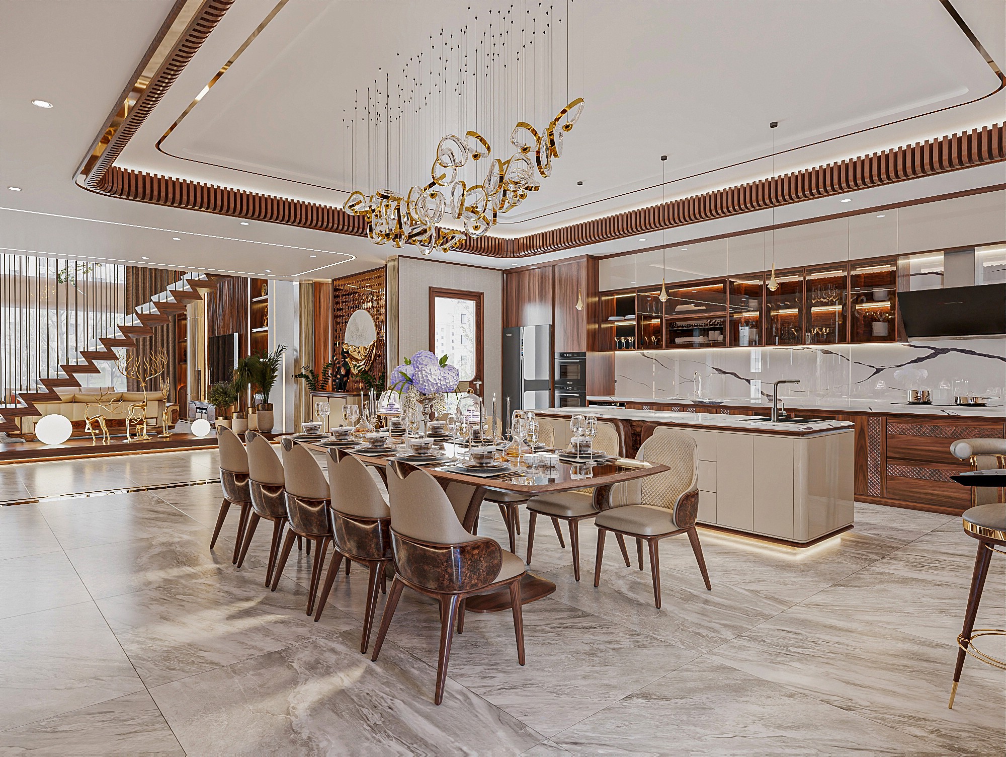 Phòng bếp đẹp sang trọng với tủ bếp chữ I và bàn ăn 10 ghế hiện đại