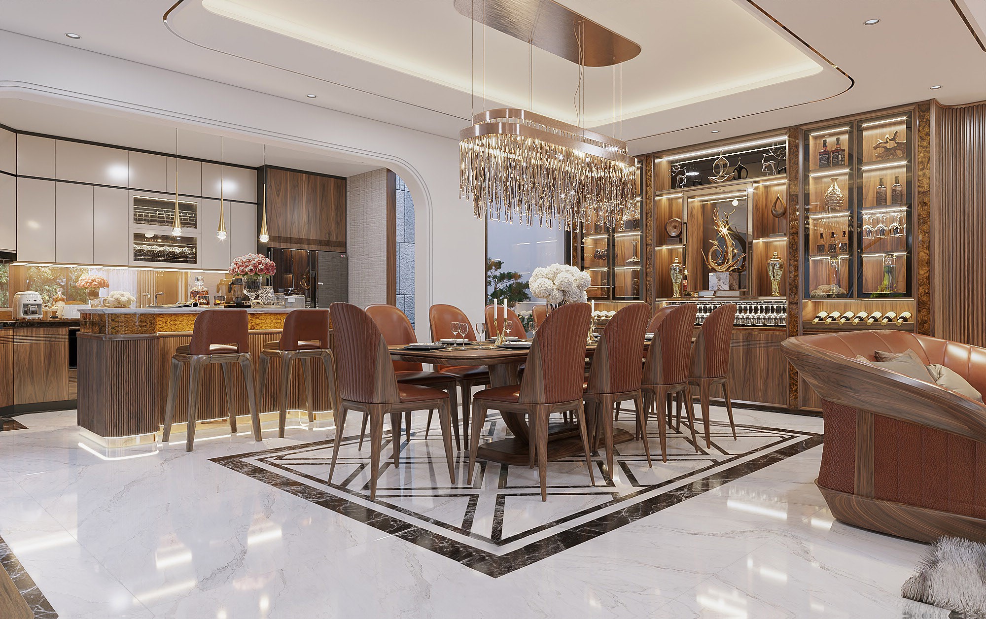 Phòng bếp hiện đại sang trọng với tủ rượu kịch trần và bàn ăn 10 ghế bọc da