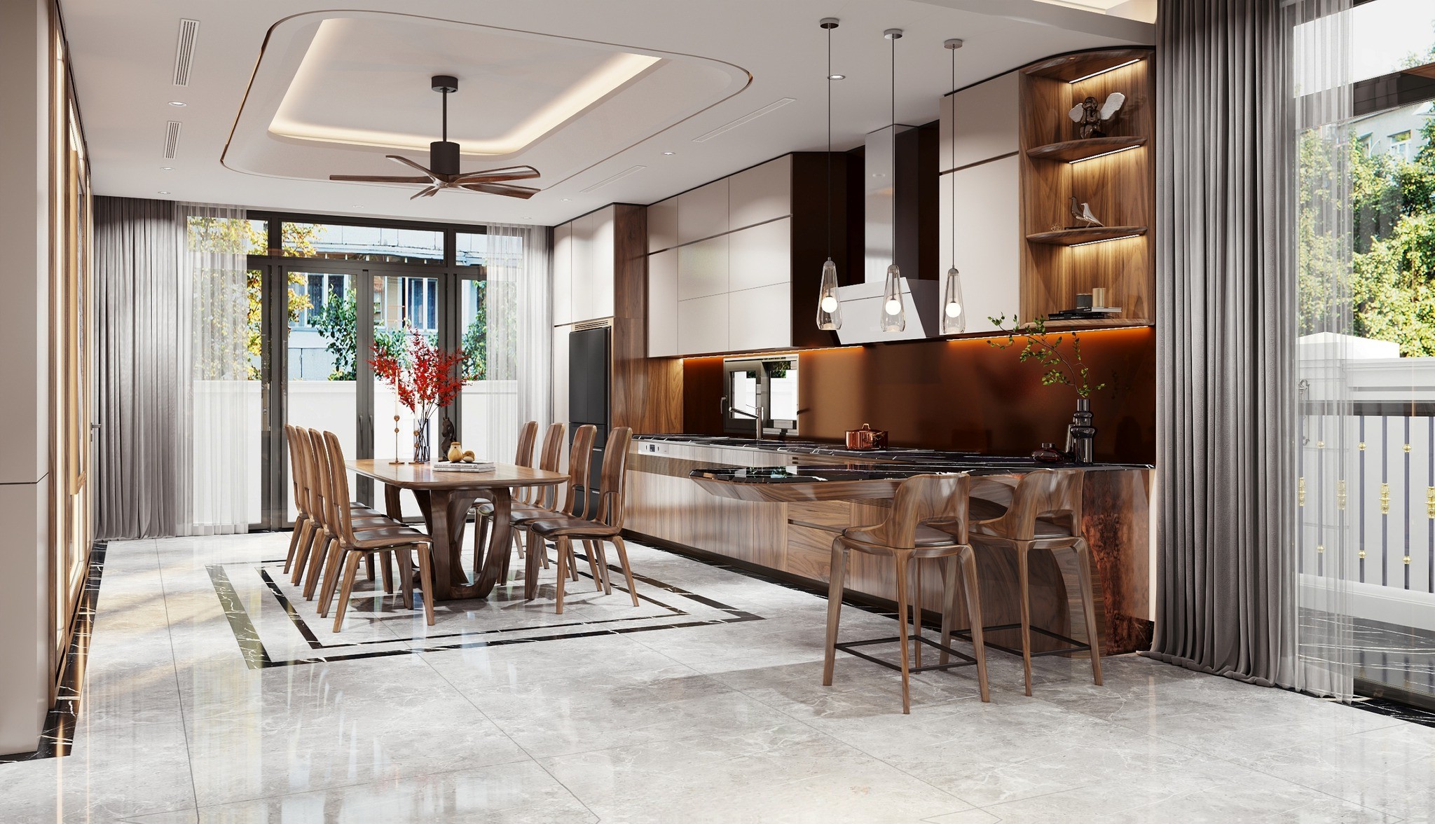 Phòng bếp hiện đại với bàn ăn 8 ghế gỗ óc chó và tủ bếp chữ I gọn gàng tiện nghi