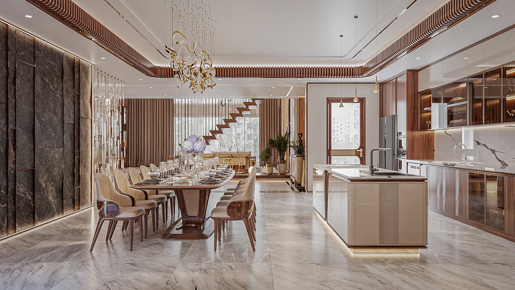 Phòng bếp hiện đại với bàn ăn 12 ghế, bàn đảo và tủ bếp chữ I chất liệu acrylic phối gỗ