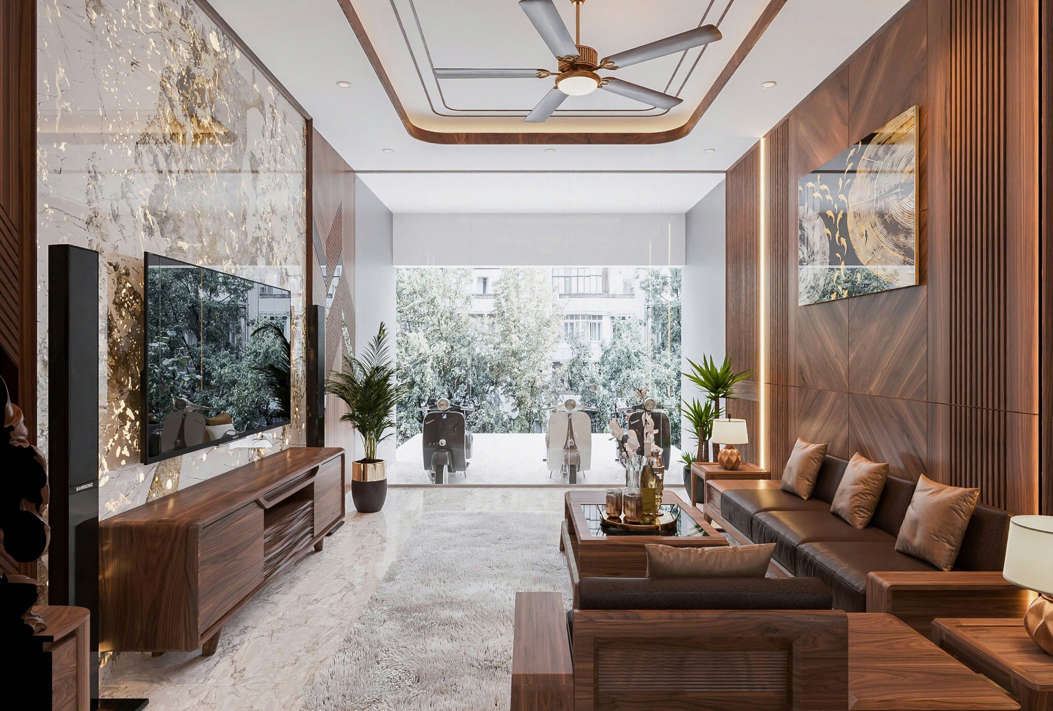 Phòng khách nhà ống 5m có cầu thang với sofa chữ L, vách đá xuyên sáng và lam sóng gỗ