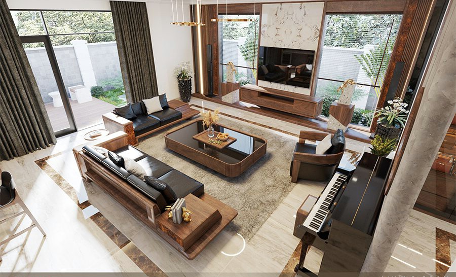 Phòng khách Indochine với sofa gỗ óc chó, vách đá trắng vân vàng, thảm be và đàn piano cạnh cửa kính