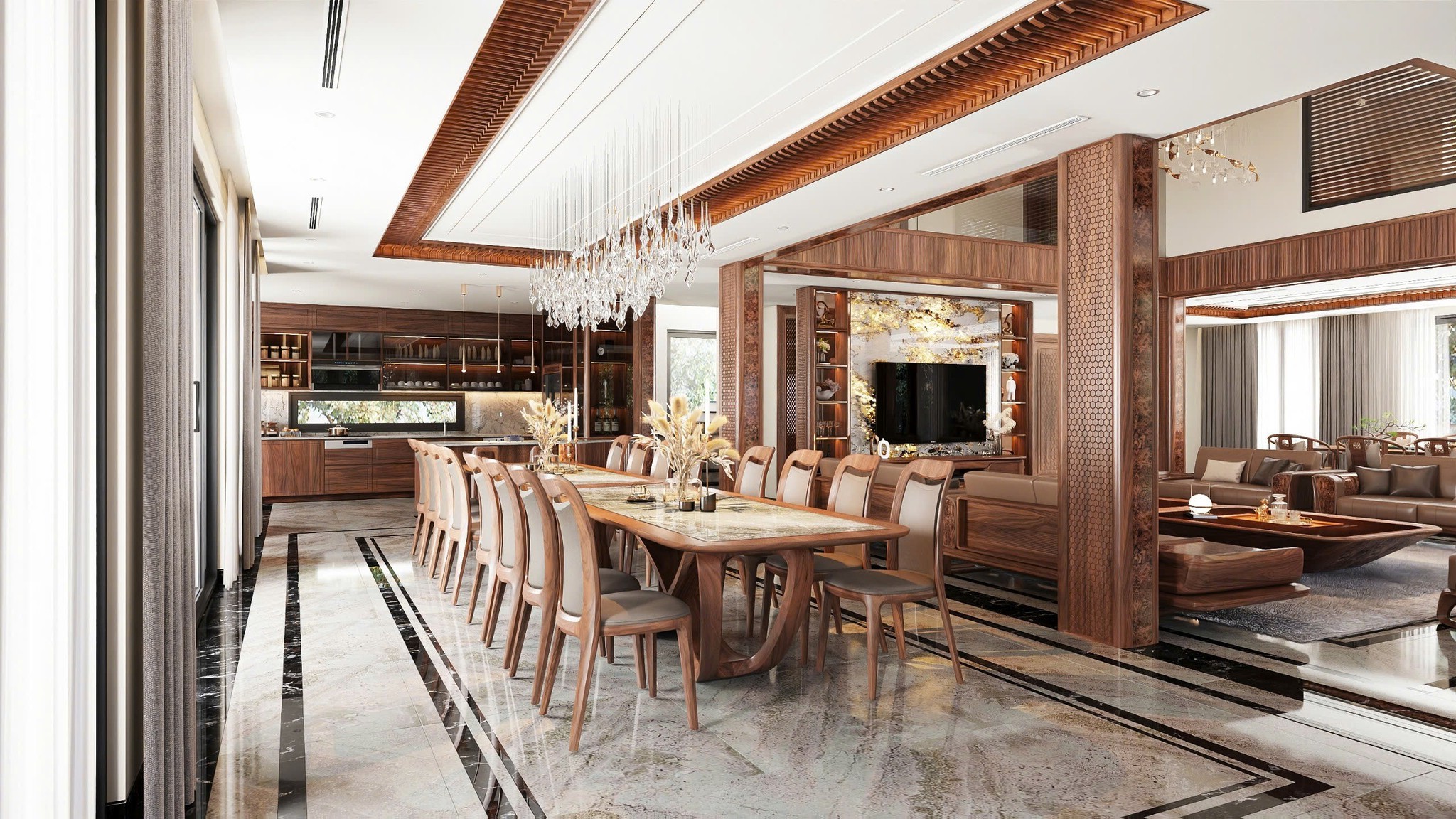 Showroom nội thất gỗ óc chó cao cấp với bàn ăn và tủ bếp sang trọng