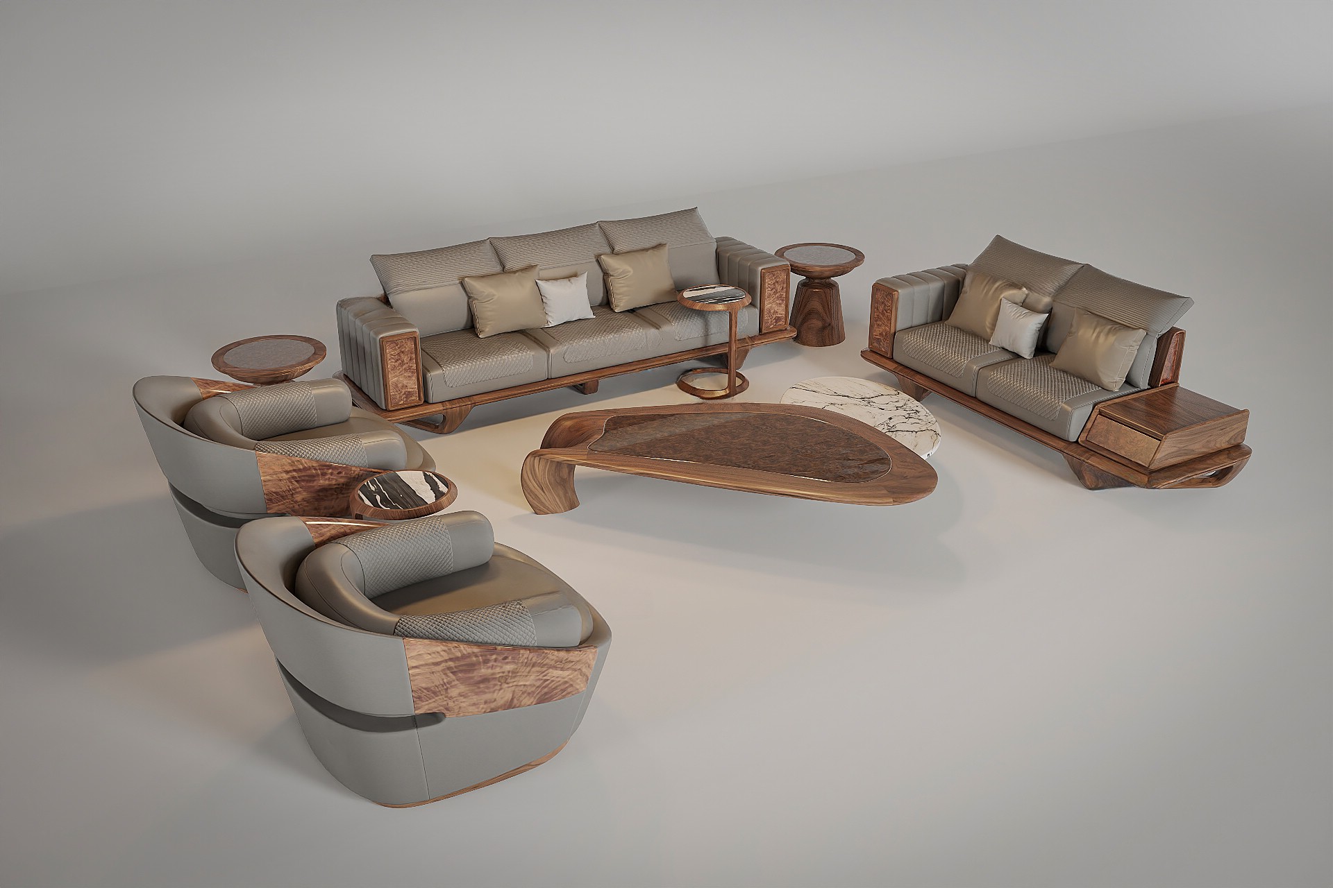 Sofa gỗ cao cấp với khung gỗ óc chó và bàn trà nghệ thuật