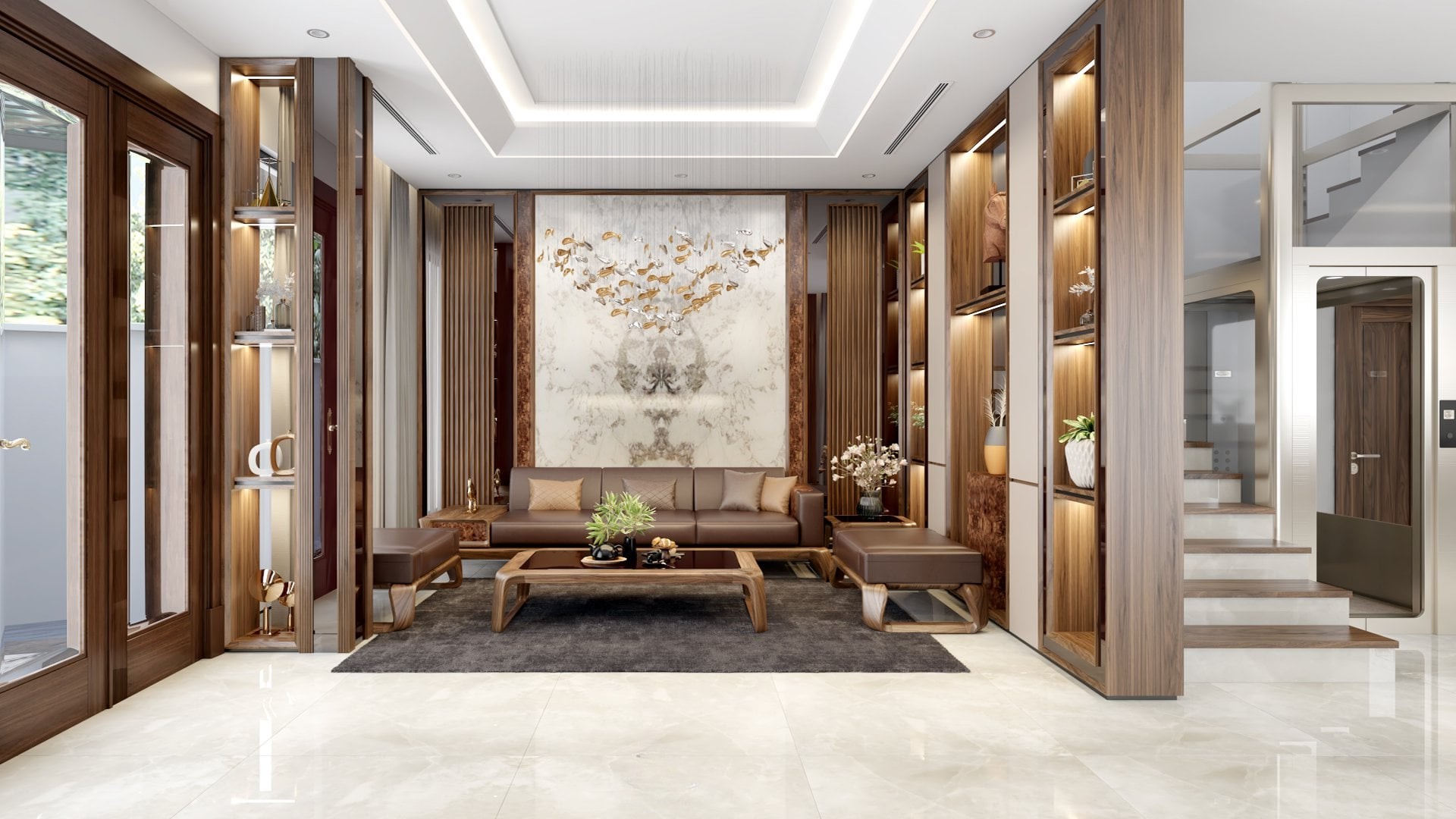 Sofa gỗ cho phòng khách nhỏ hiện đại với bàn trà kính đen và đệm da PU nâu