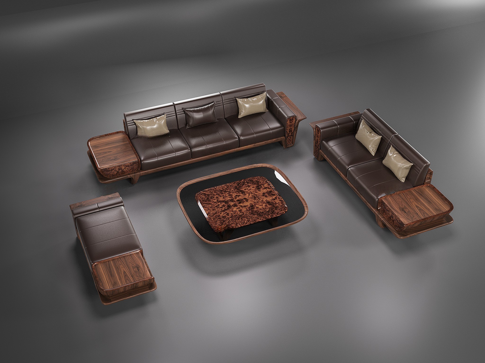 Sofa gỗ da tự nhiên màu nâu đậm với bàn trà veneer nu viền đá đen hiện đại