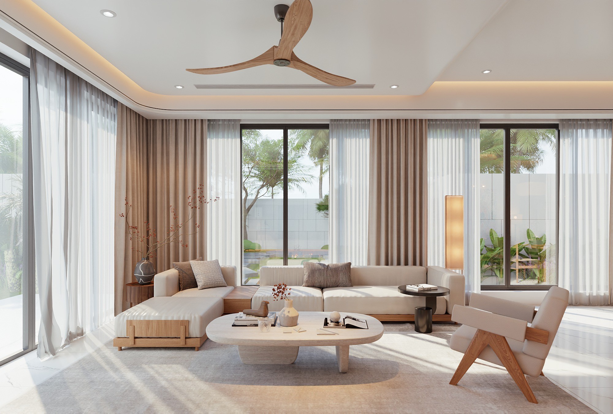 Sofa gỗ đơn giản chữ L màu kem khung gỗ sồi tự nhiên hiện đại