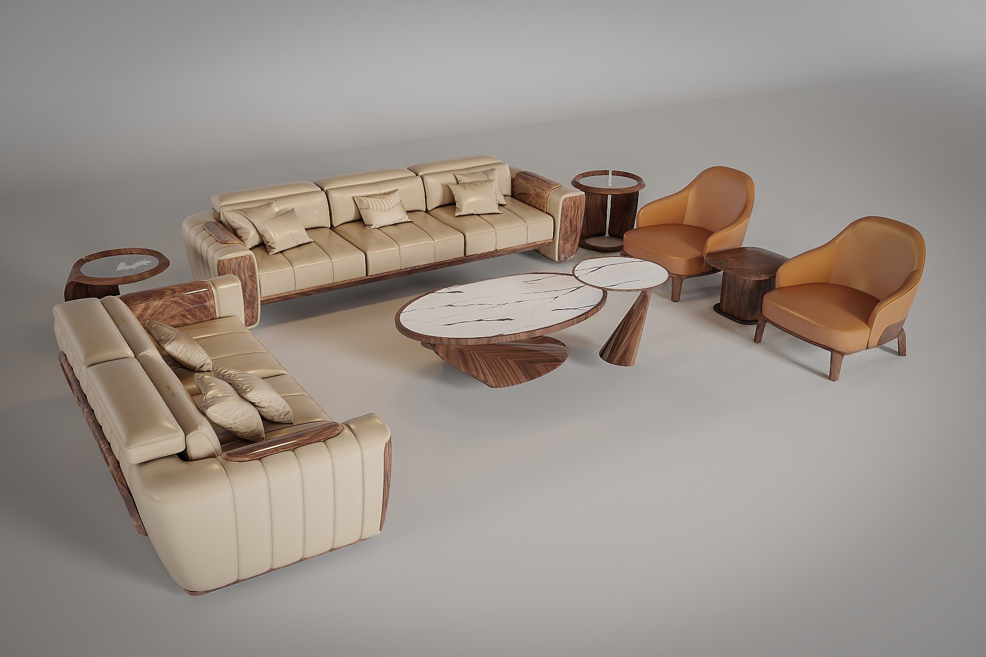 Sofa gỗ nệm liền khối gỗ óc chó với đệm bọc da PU màu be đậm