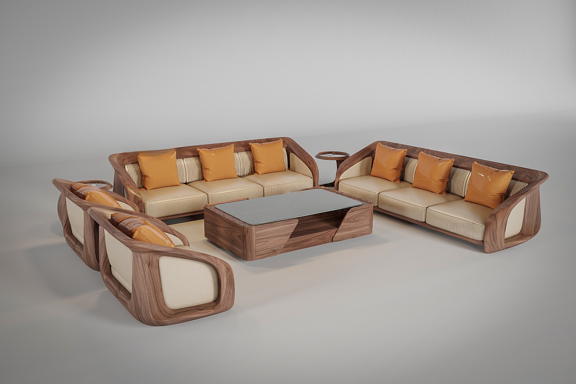 Sofa gỗ phòng khách đẹp hiện đại chữ U bằng gỗ óc chó tự nhiên kết hợp bàn trà mặt kính cường lực