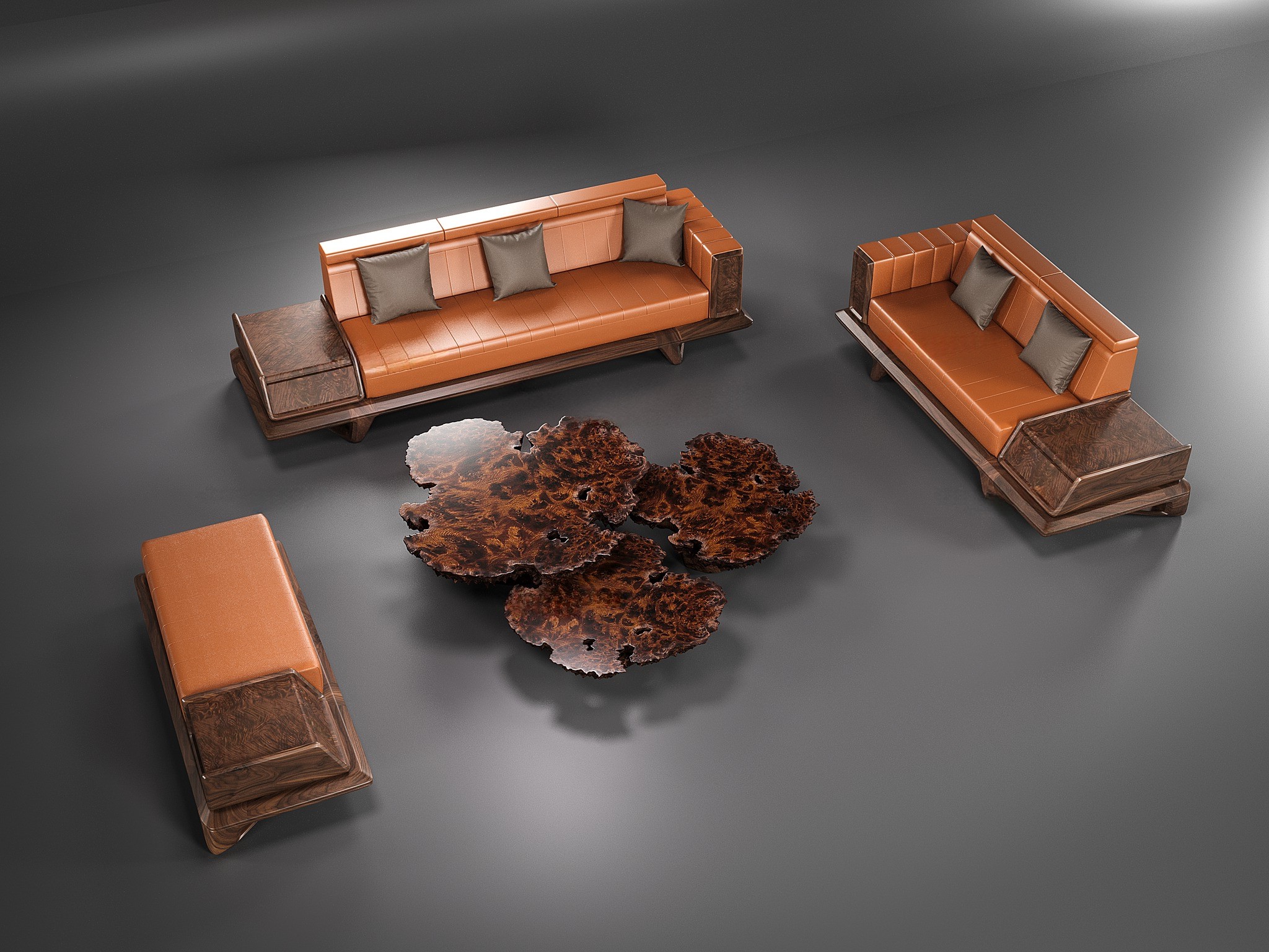 Sofa gỗ phòng khách dáng thấp bọc da cam đất với bàn trà nguyên khối 3 tầng