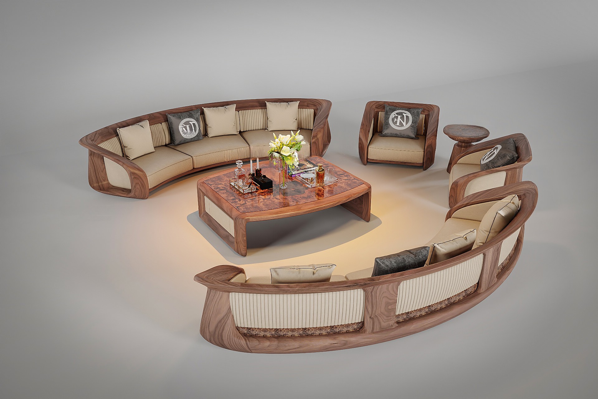 Sofa gỗ tự nhiên cong vòm cung với bàn trà veneer nu bầu dục