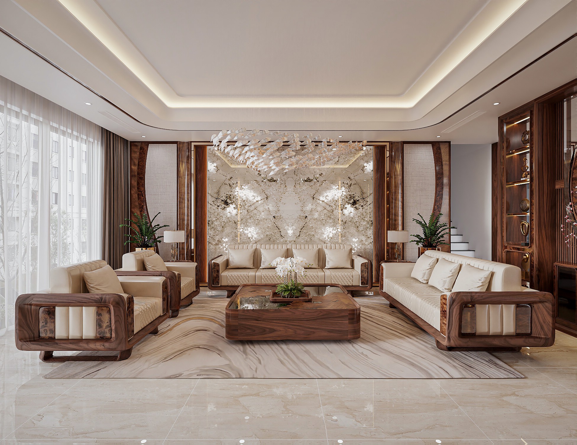 Bộ sofa gỗ óc chó hiện đại phối da công nghiệp phong cách Modern Luxury