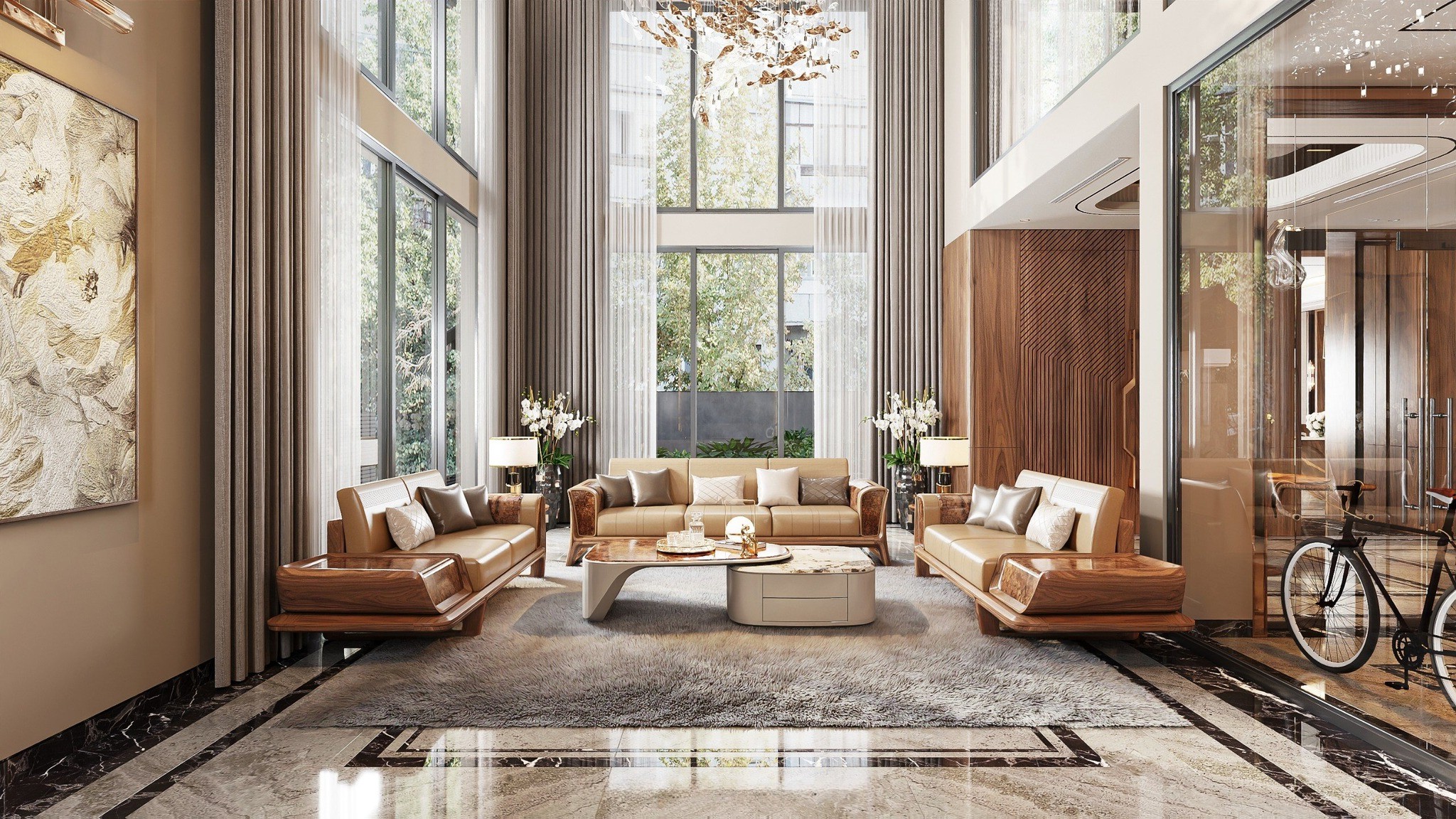 Bộ sofa phòng khách gỗ óc chó phối gỗ nu với đệm da kem hiện đại