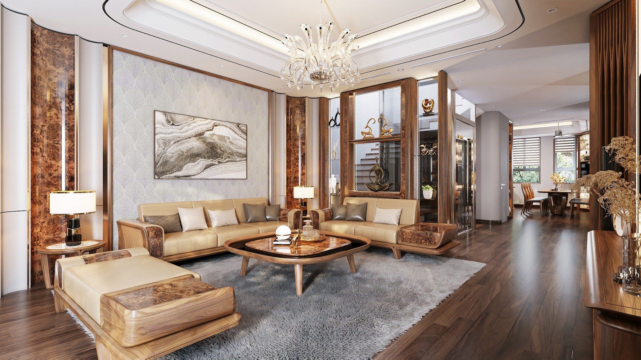 mẫu sofa gỗ tự nhiên hiện đại màu nâu vàng, tay vịn veneer vân nu và đệm da PU màu be