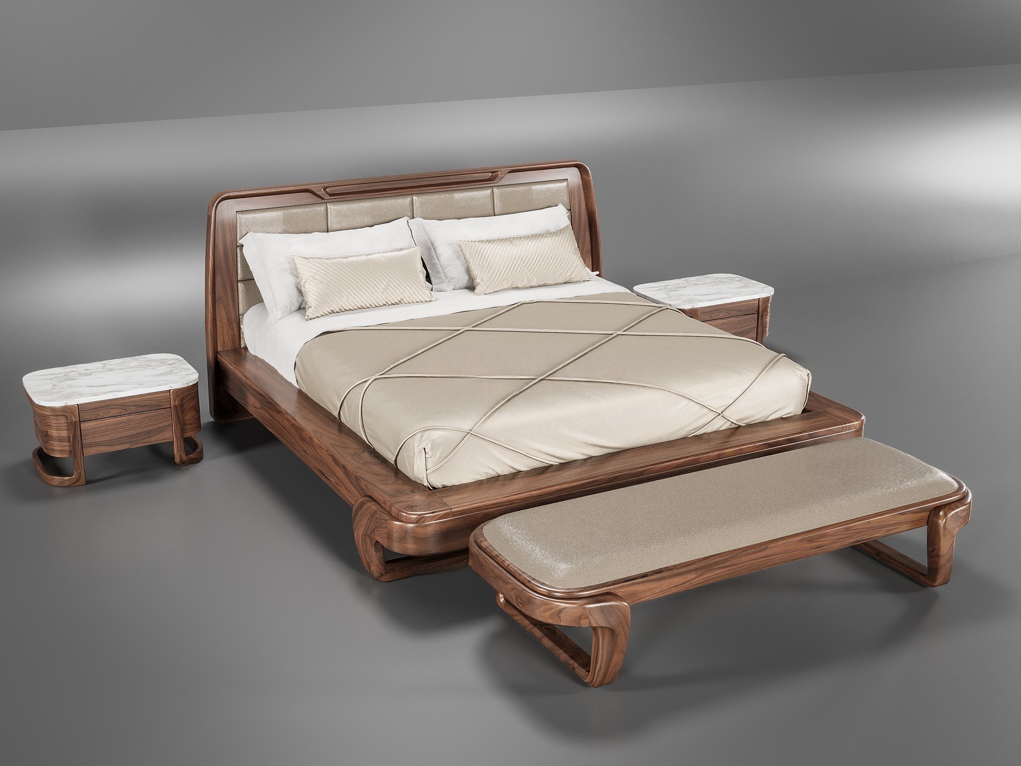 Thiết kế giường ngủ gỗ óc chó dáng hộp chữ nhật bo tròn với tựa đầu bọc vải vàng ánh kim