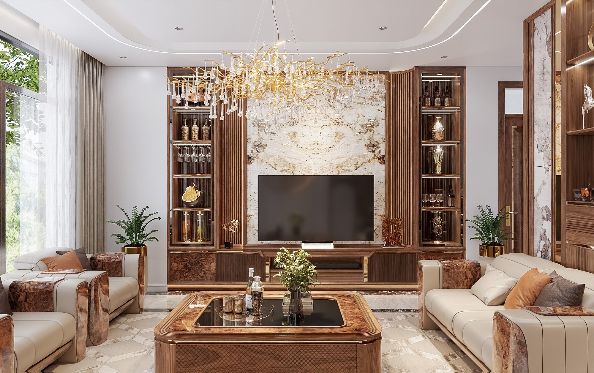 Thiết kế kệ tivi phòng khách gỗ MDF phủ veneer óc chó hiện đại