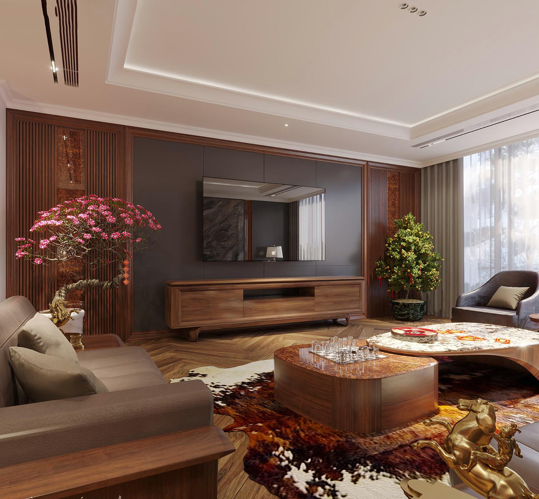 Thiết kế kệ tivi gỗ tự nhiên màu nâu nhạt hiện đại