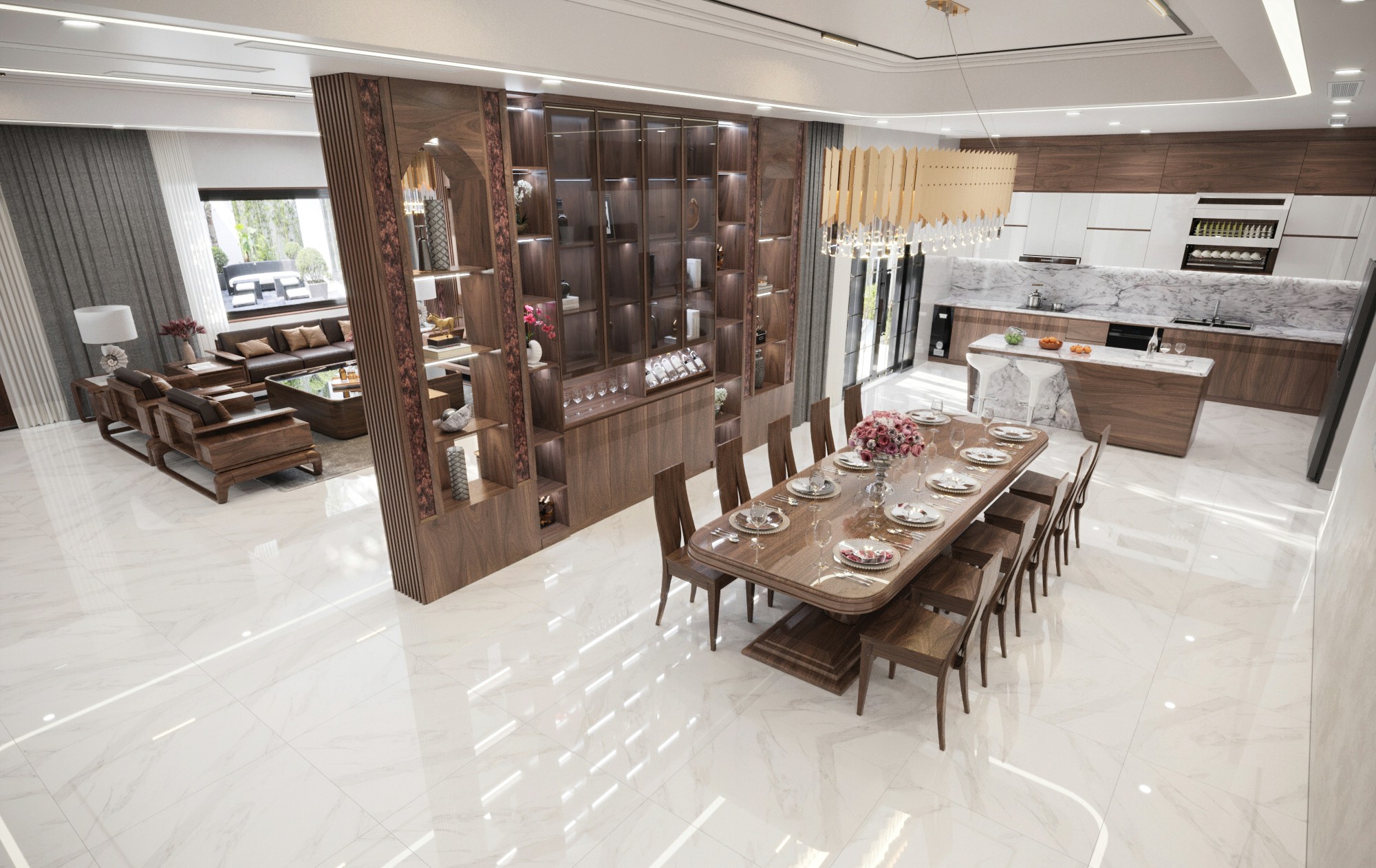 Thiết kế nội thất biệt thự thông tầng với bố trí liên hoàn giữa phòng khách, bếp và ăn