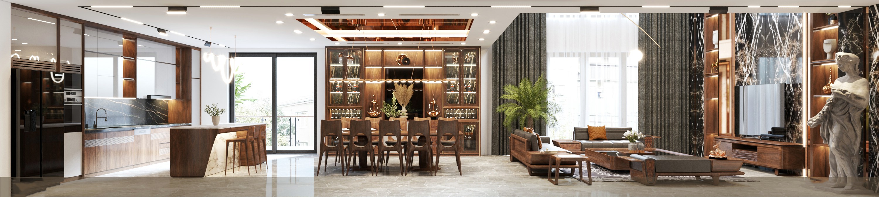 không gian chung cư liên thông với sofa gỗ óc chó, bàn ăn lớn, tủ rượu và bếp chữ I sang trọng
