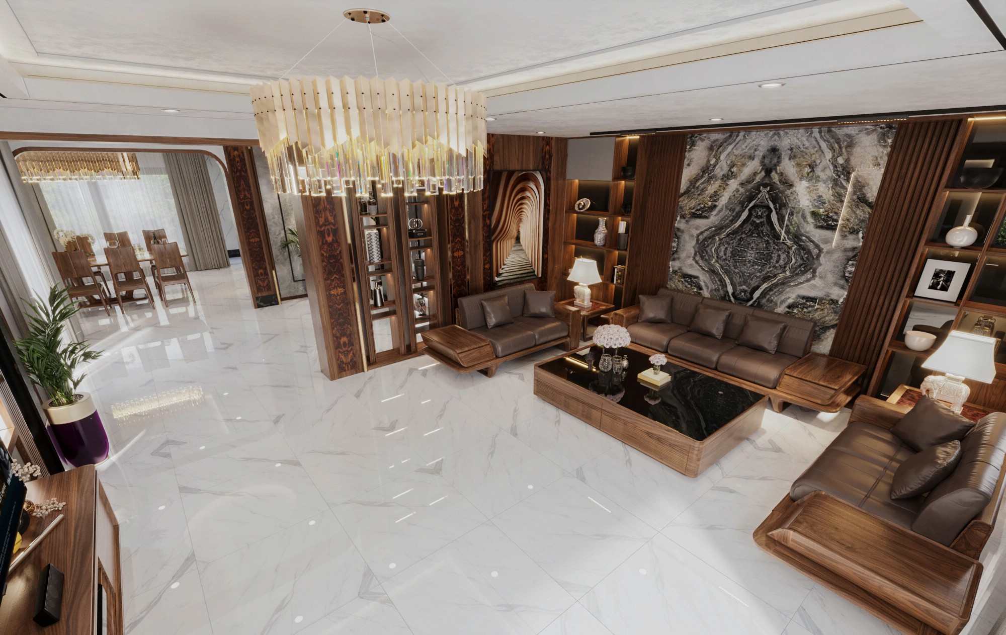 phòng khách tông nâu trầm với sofa gỗ óc chó, bàn trà kính đen và vách Onyx màu nâu