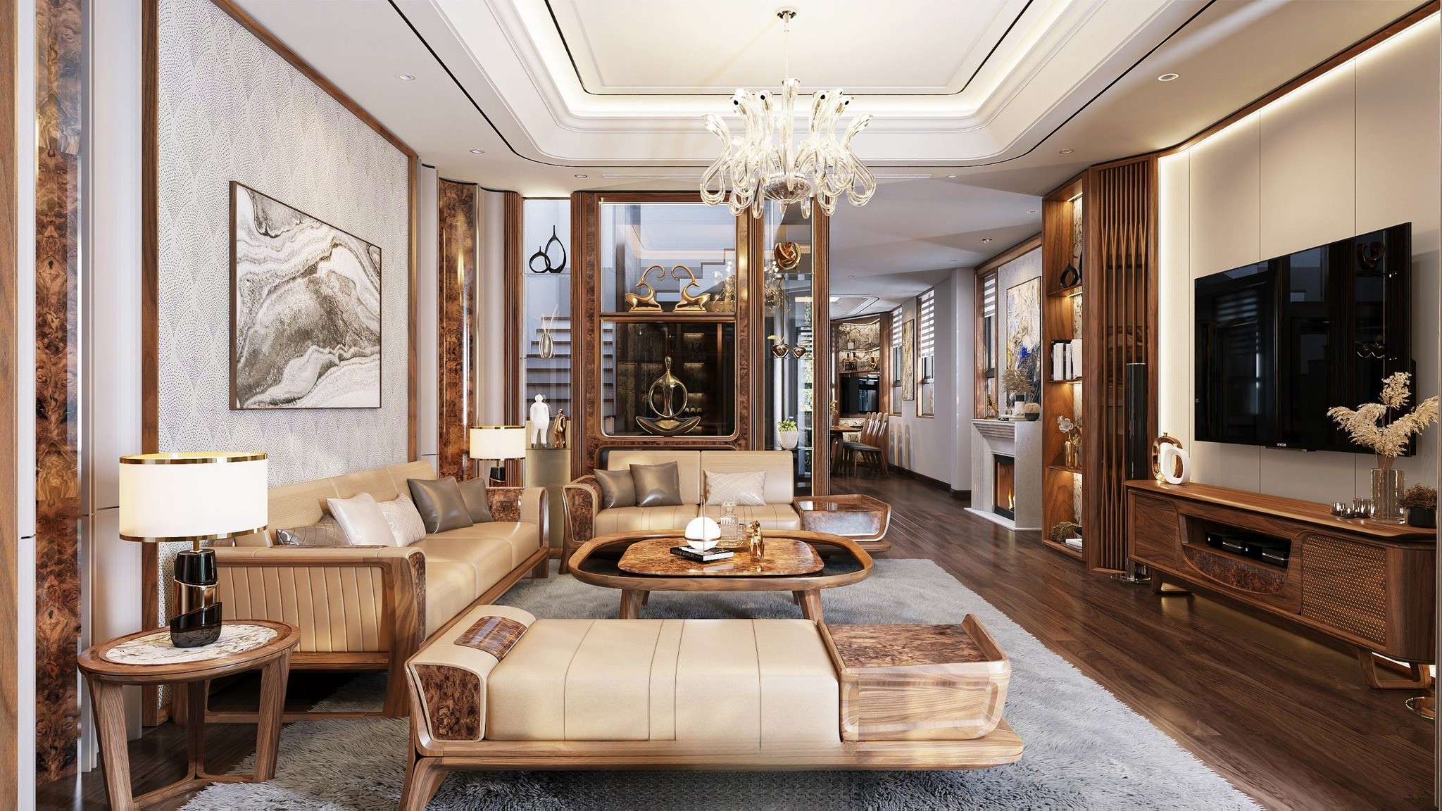 Thiết kế nội thất nhà phố với sofa chữ U bọc da, trần giật cấp và sàn gỗ bóng