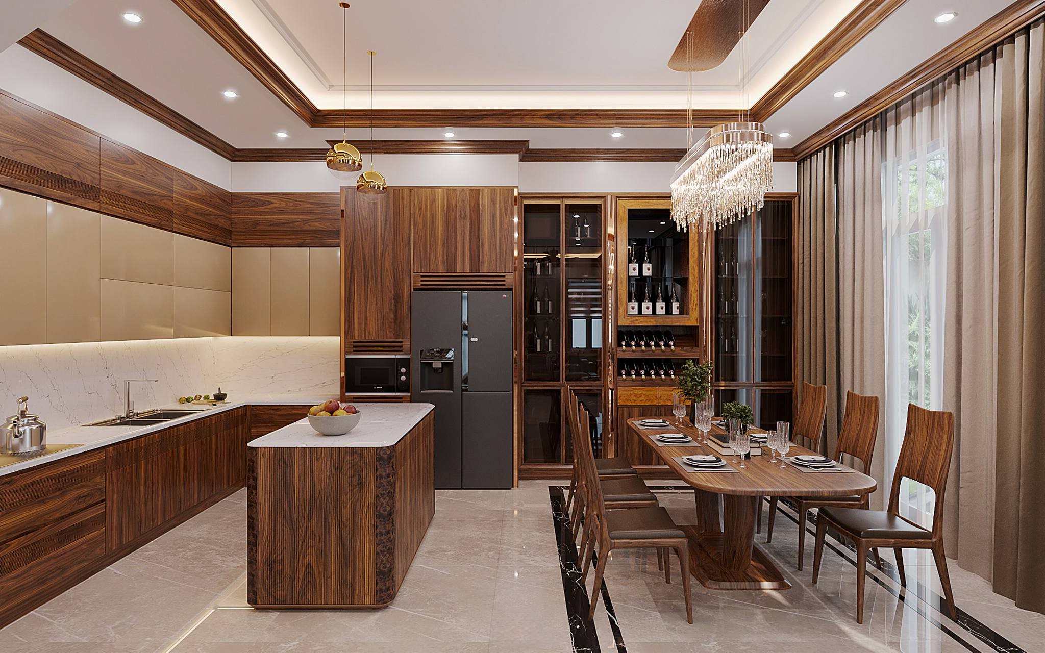 Thiết kế nội thất phòng bếp hiện đại sang trọng với tủ bếp chữ L và bàn đảo