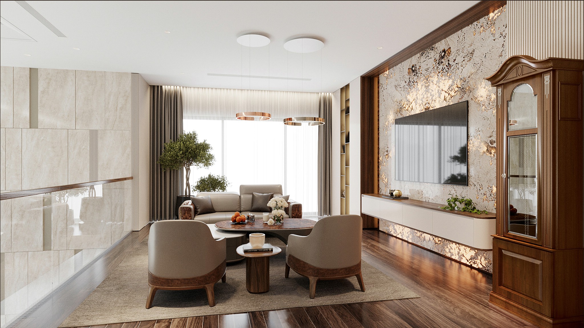 Thiết kế nội thất phòng khách chung cư hiện đại với sofa da ghi và kệ tivi treo tường