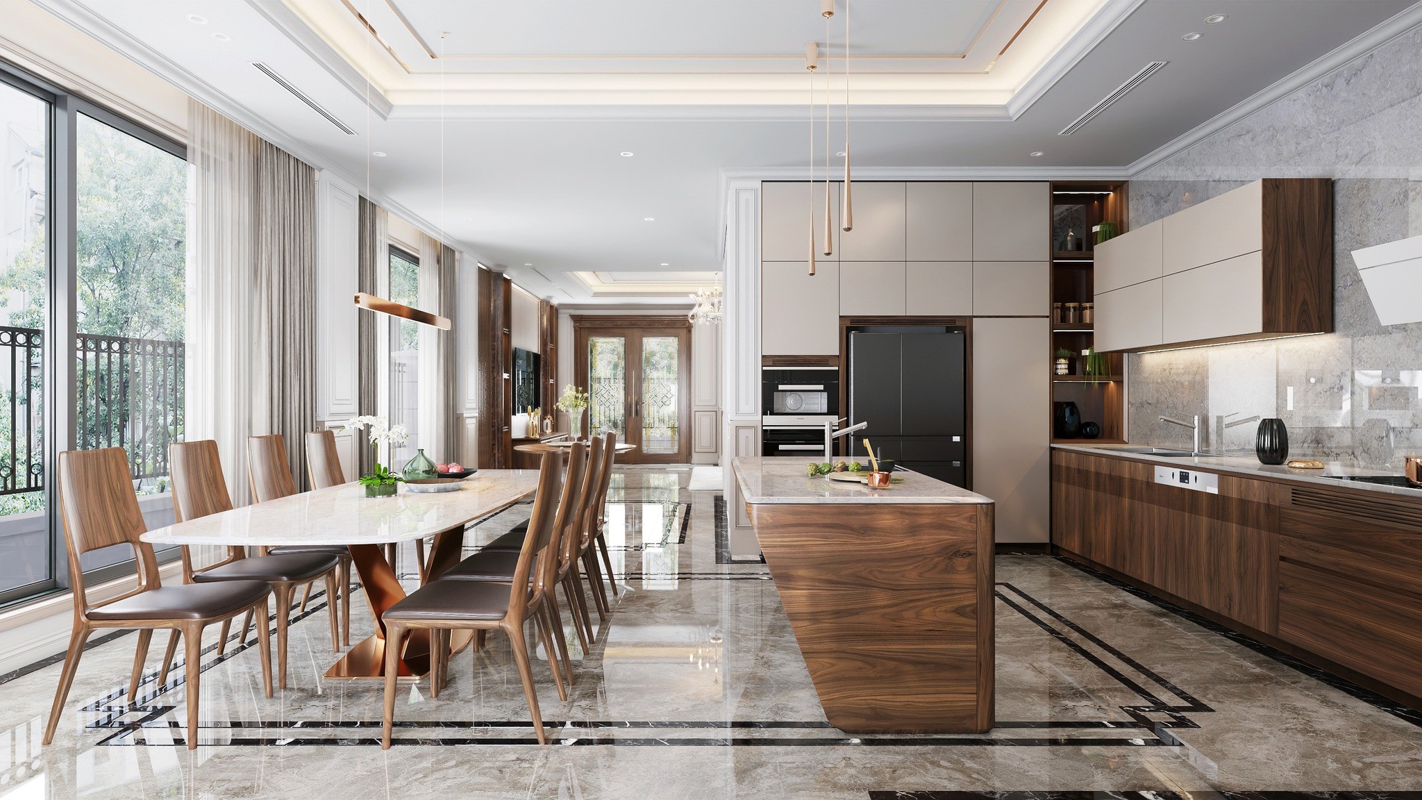 Thiết kế phòng bếp đẹp hiện đại với bàn ăn đá granite và tủ bếp chữ L