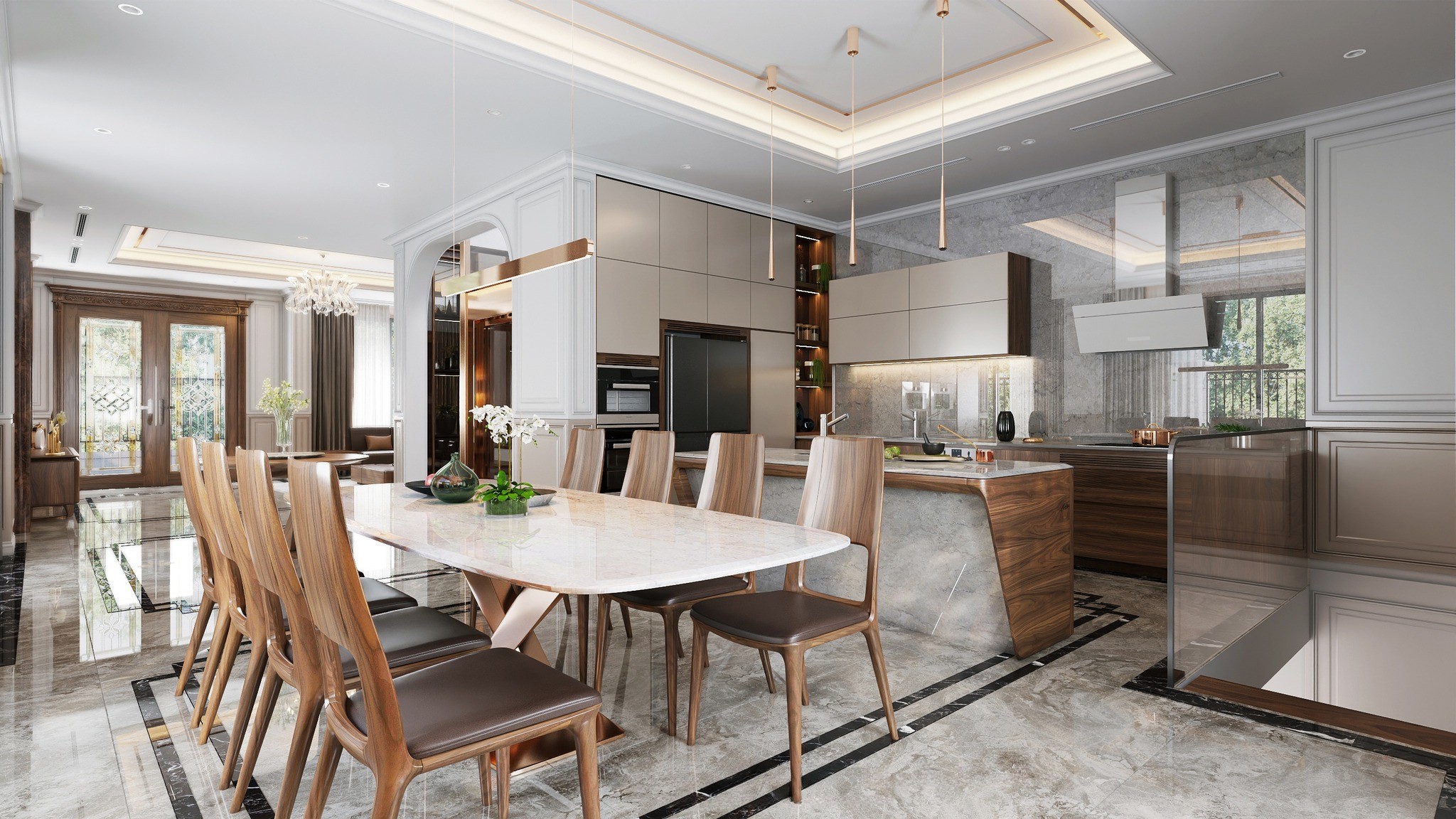 Thiết kế phòng bếp hiện đại với bàn ăn gỗ tự nhiên và tủ bếp chữ L