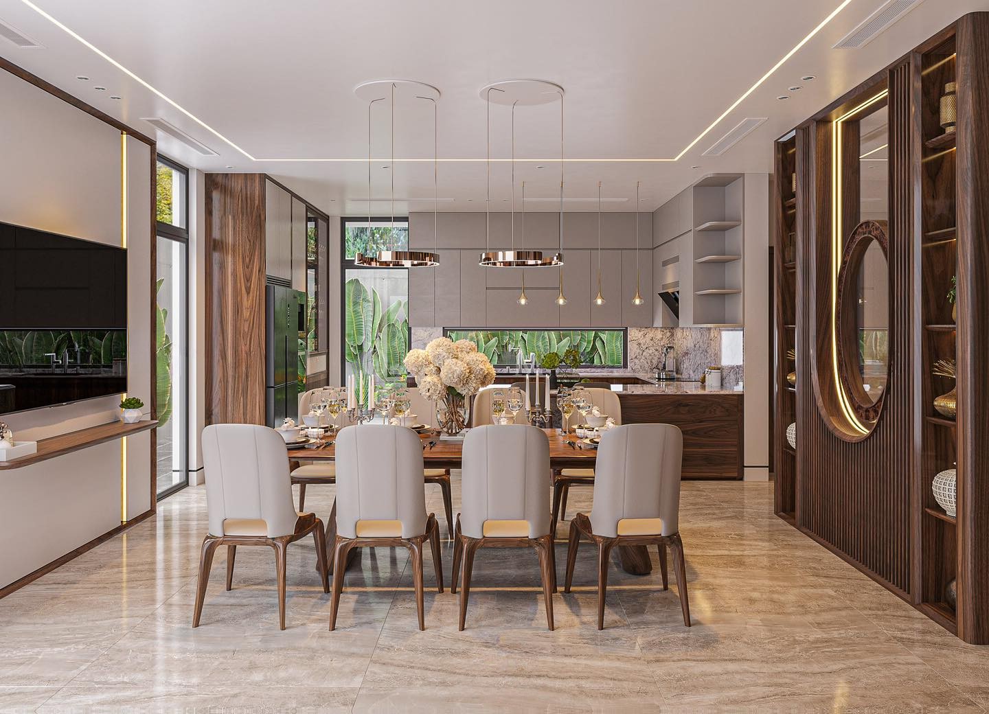 Thiết kế phòng bếp hiện đại với bàn ăn gỗ óc chó và tủ bếp chữ U