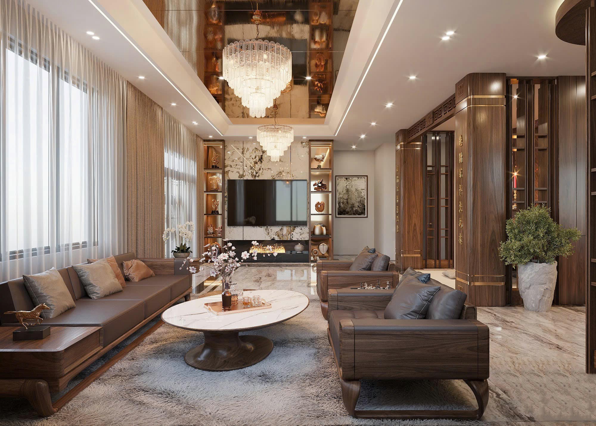 Phòng khách chung cư có bàn thờ liền kề, bộ bàn ghế gỗ và kệ tivi lò sưởi điện