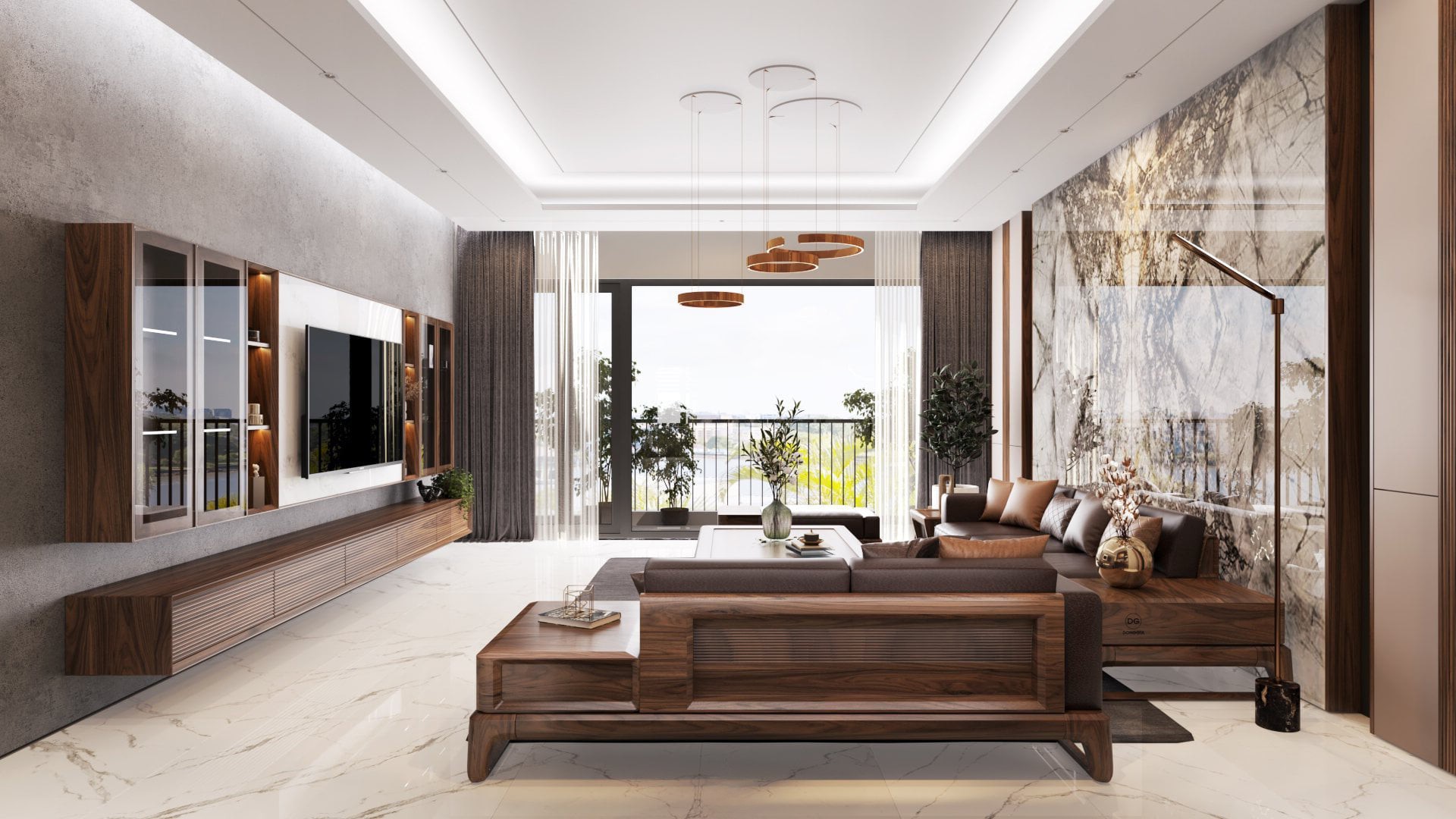 Thiết kế phòng khách chung cư đẹp với sofa gỗ óc chó và kệ tivi treo tường