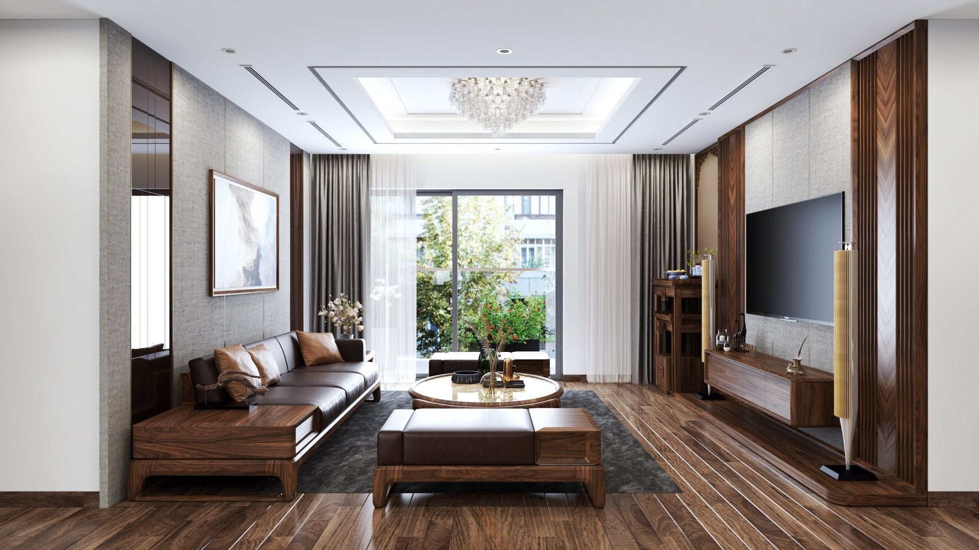 Thiết kế phòng khách chung cư hiện đại với ghế băng 3 chỗ và vách lam sóng hai bên kệ tivi