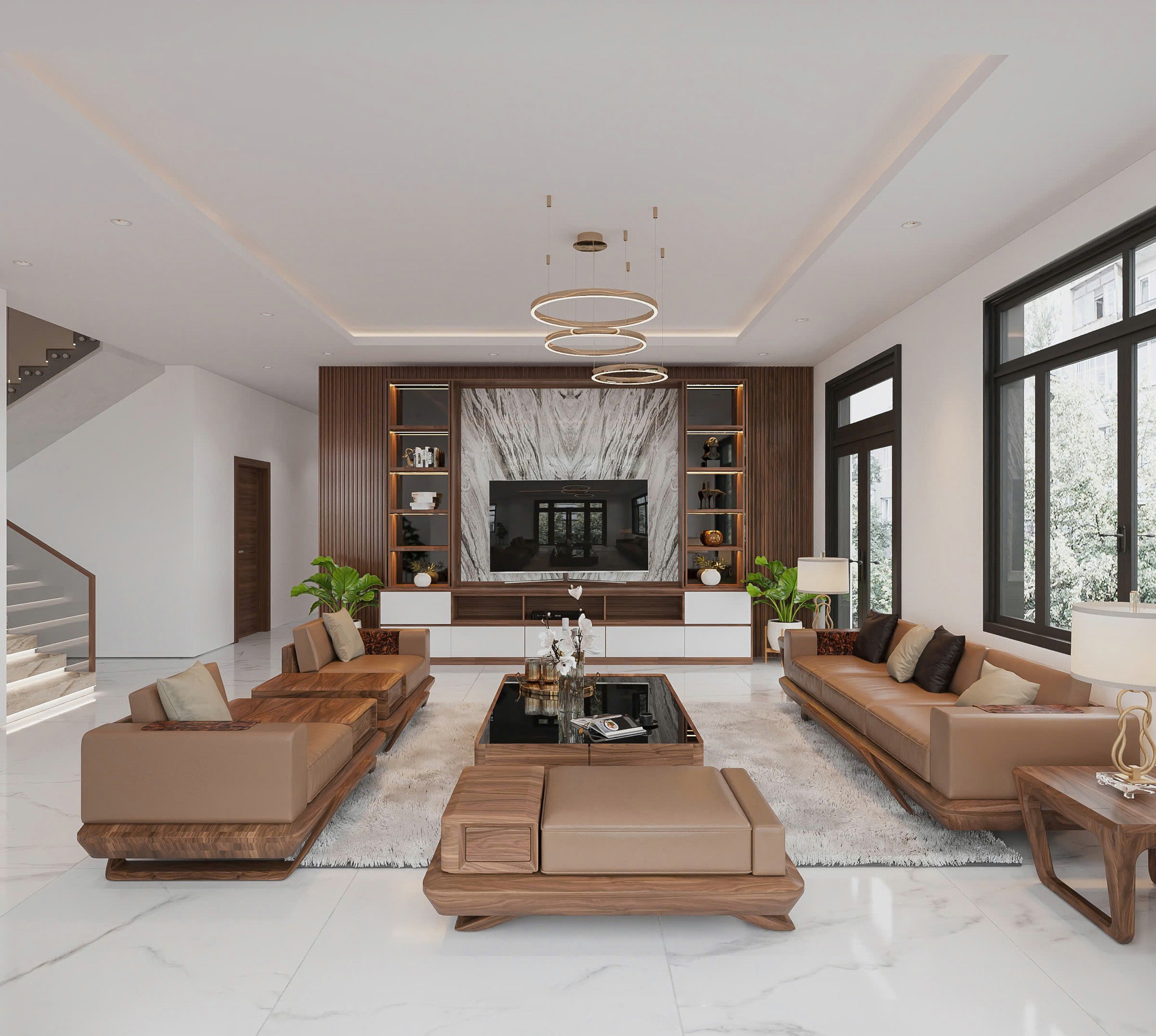 Thiết kế phòng khách đẹp đơn giản với sofa da nâu sữa và kệ tivi acrylic trắng