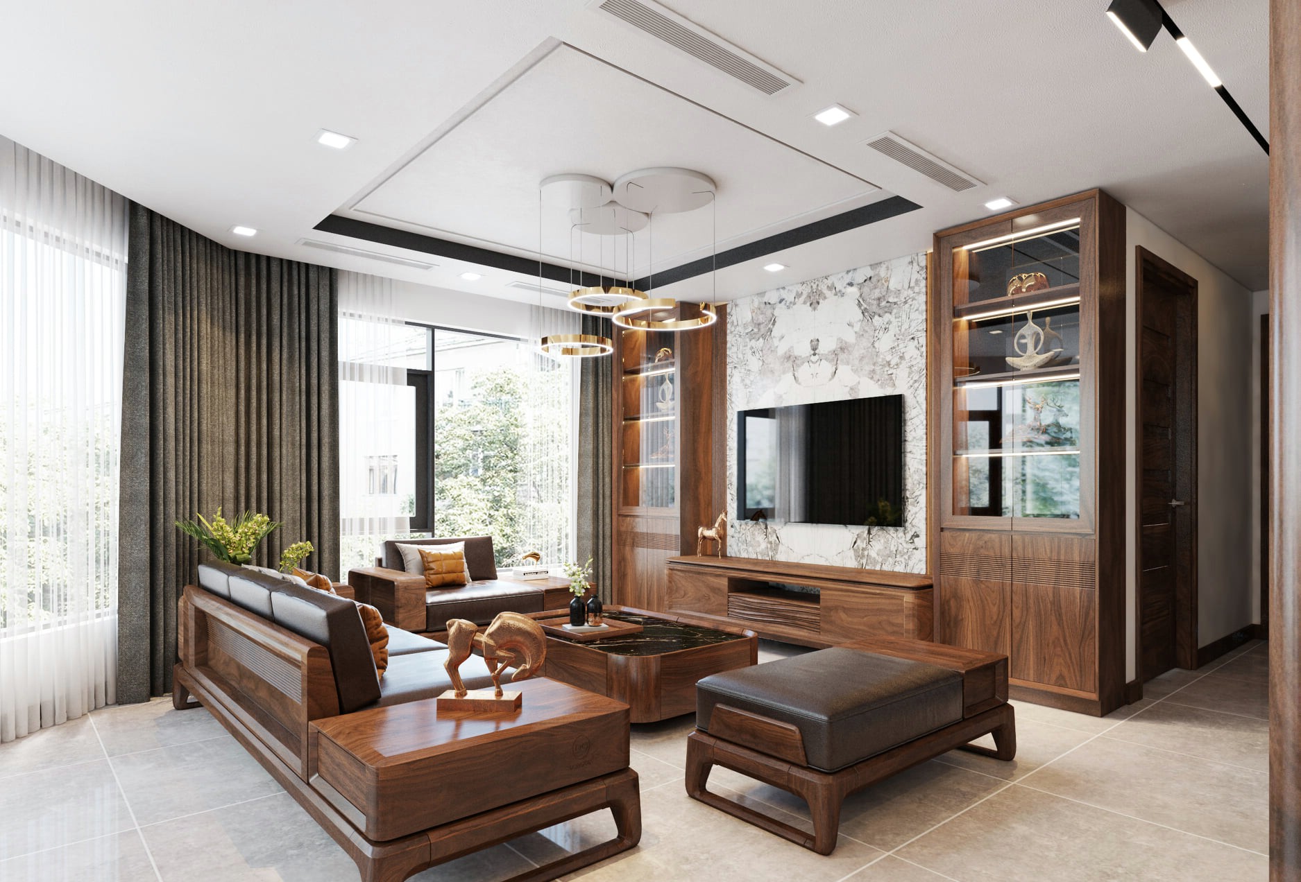 Thiết kế phòng khách đẹp sang trọng hợp phong thủy với bàn ghế gỗ óc chó và bàn trà đá marble